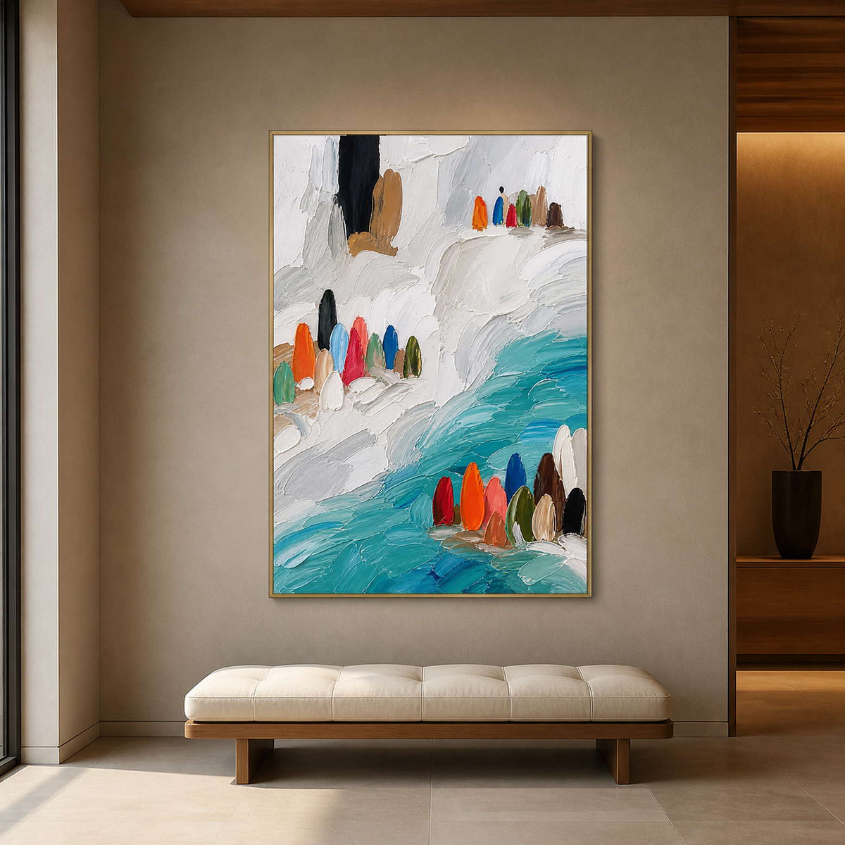 Textured coastal abstraction displayed above a minimalist gallery bench.