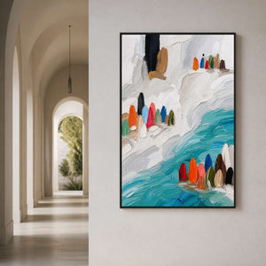 Vertical turquoise painting creates movement in a softly lit hallway.