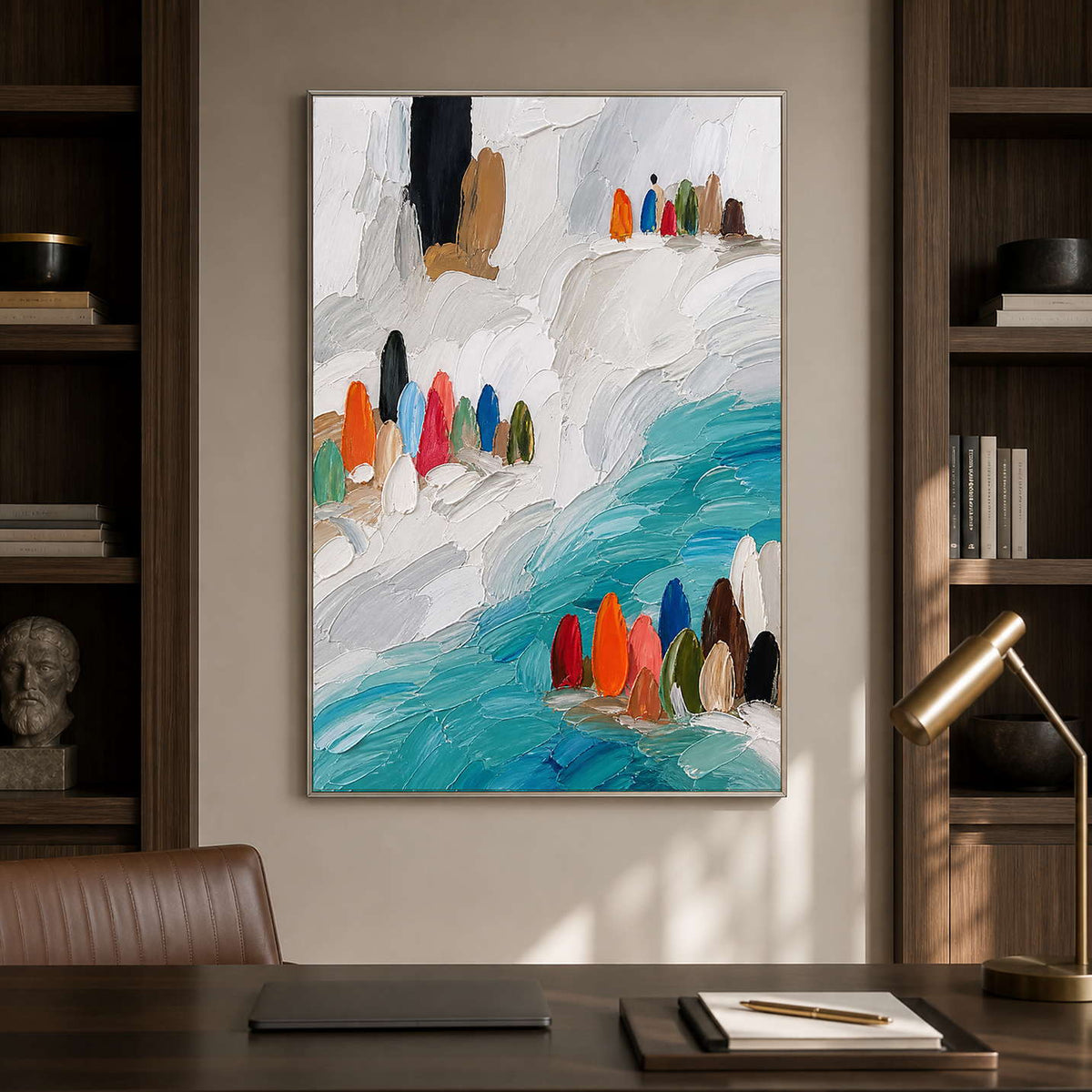 Colorful coastal wall art brightens a refined dark wood office.