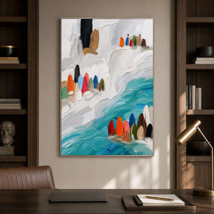 Colorful coastal wall art brightens a refined dark wood office.