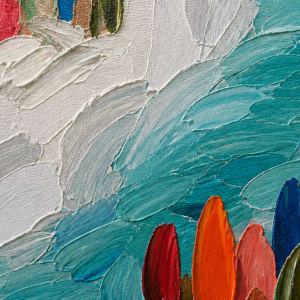 Close-up of turquoise palette-knife waves and small jewel-toned forms.
