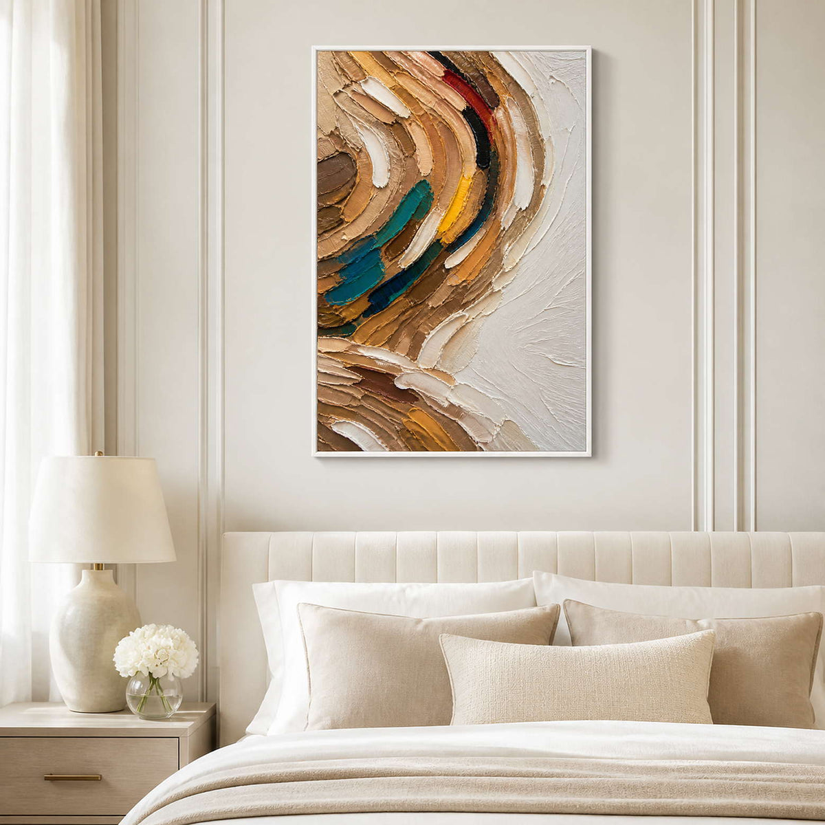 Textured abstract canvas adds teal and ochre accents above a neutral bed.