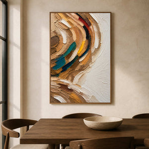 Sculptural neutral abstract wall art above a warm wood dining table.
