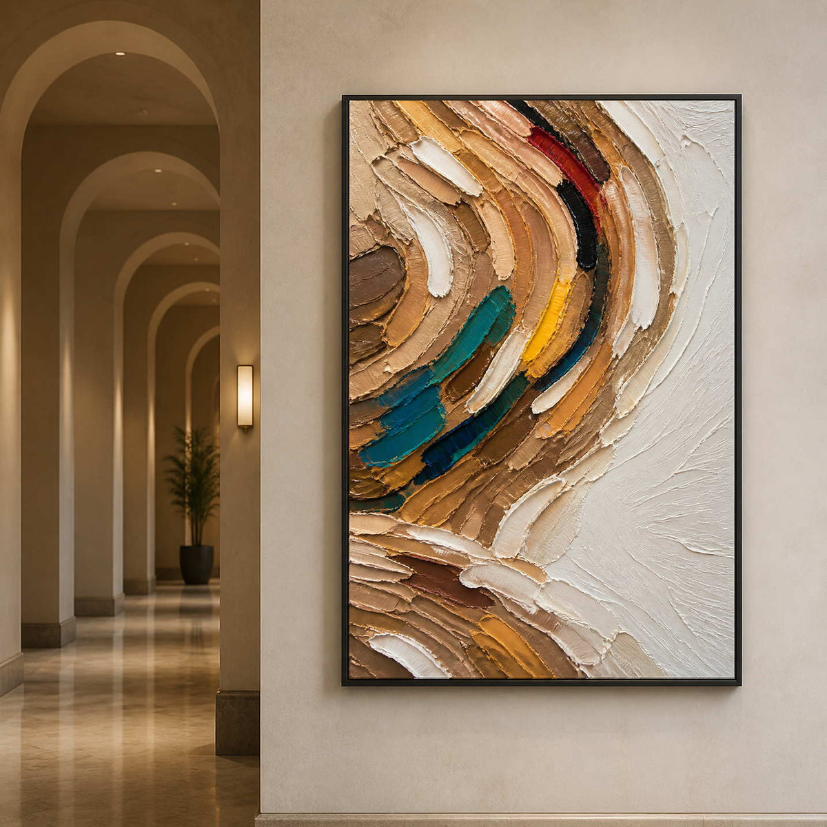 Vertical earth-tone abstract art creates movement in an arched hallway.