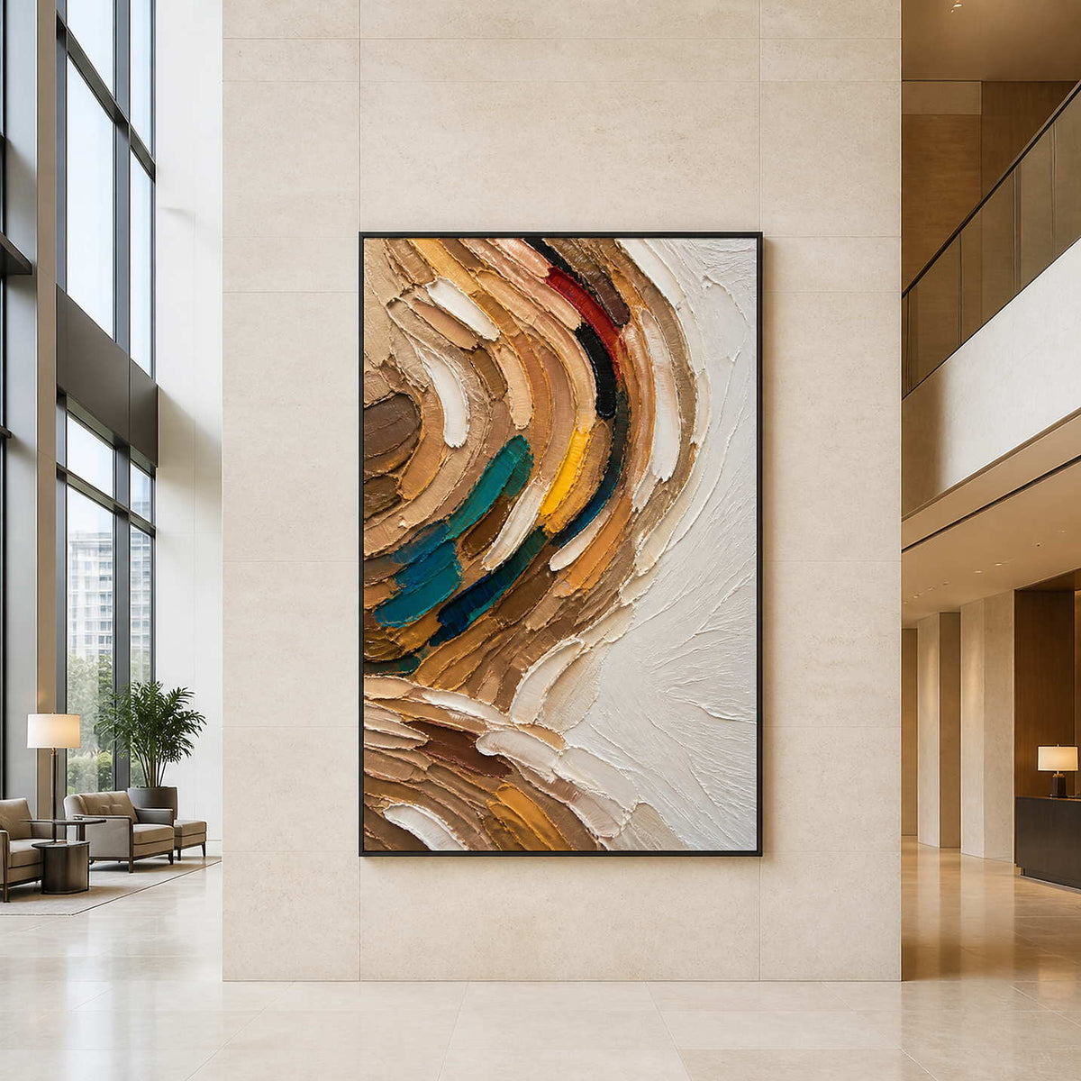 Vertical textured abstract art displayed in a spacious contemporary hotel lobby.
