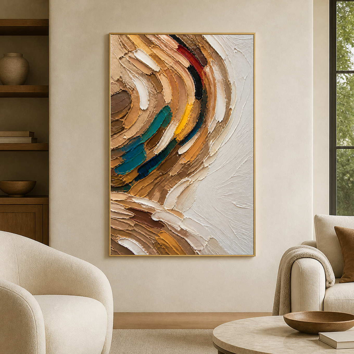 Textured earth-tone abstract wall art in a calm modern living room.