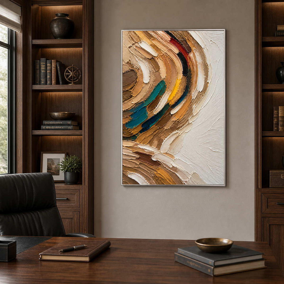 Modern textured abstract painting in a refined dark wood office.