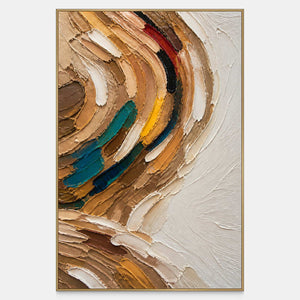 Hand-painted abstract canvas with sculptural arcs in ivory, sand, ochre, teal, blue, and burgundy.