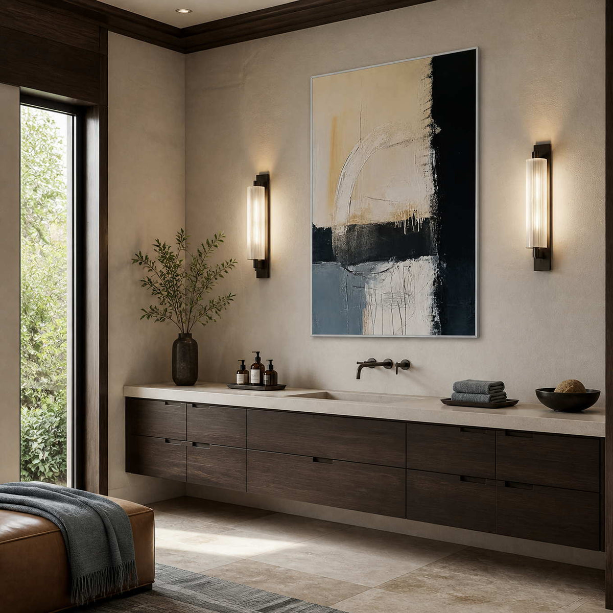 Where Day Meets Night in a white frame above a long wood bathroom vanity between two vertical wall lights.
