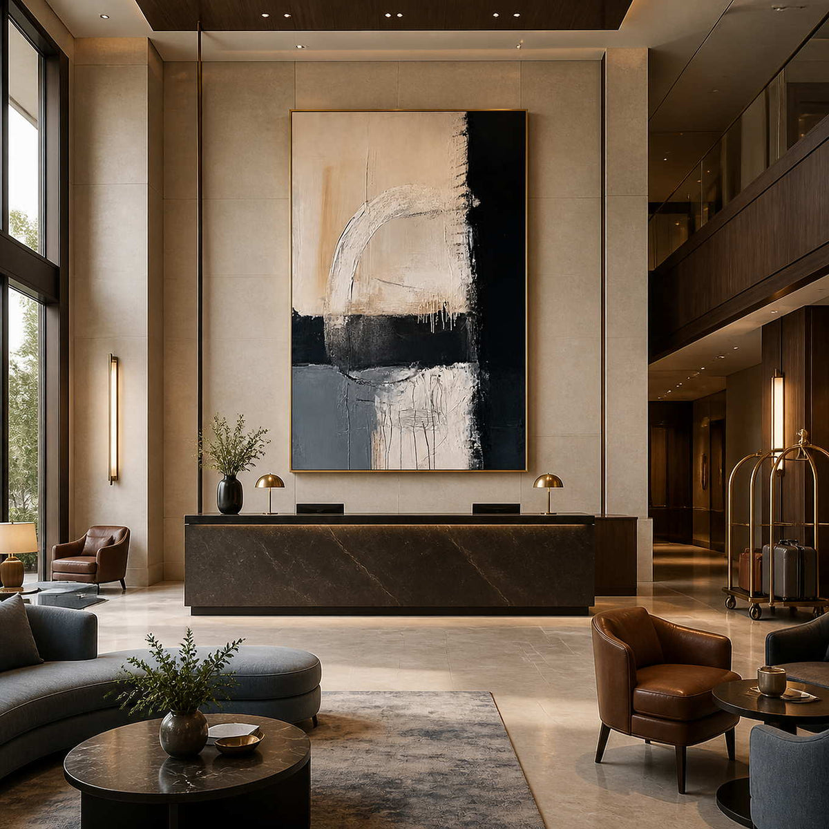 Gold-framed Where Day Meets Night above a dark reception counter in a spacious hotel lobby.