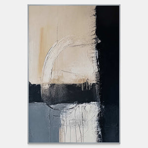 Where Day Meets Night, a vertical abstract painting with warm beige, gray-blue, a blue-black edge, and a pale curved trace.
