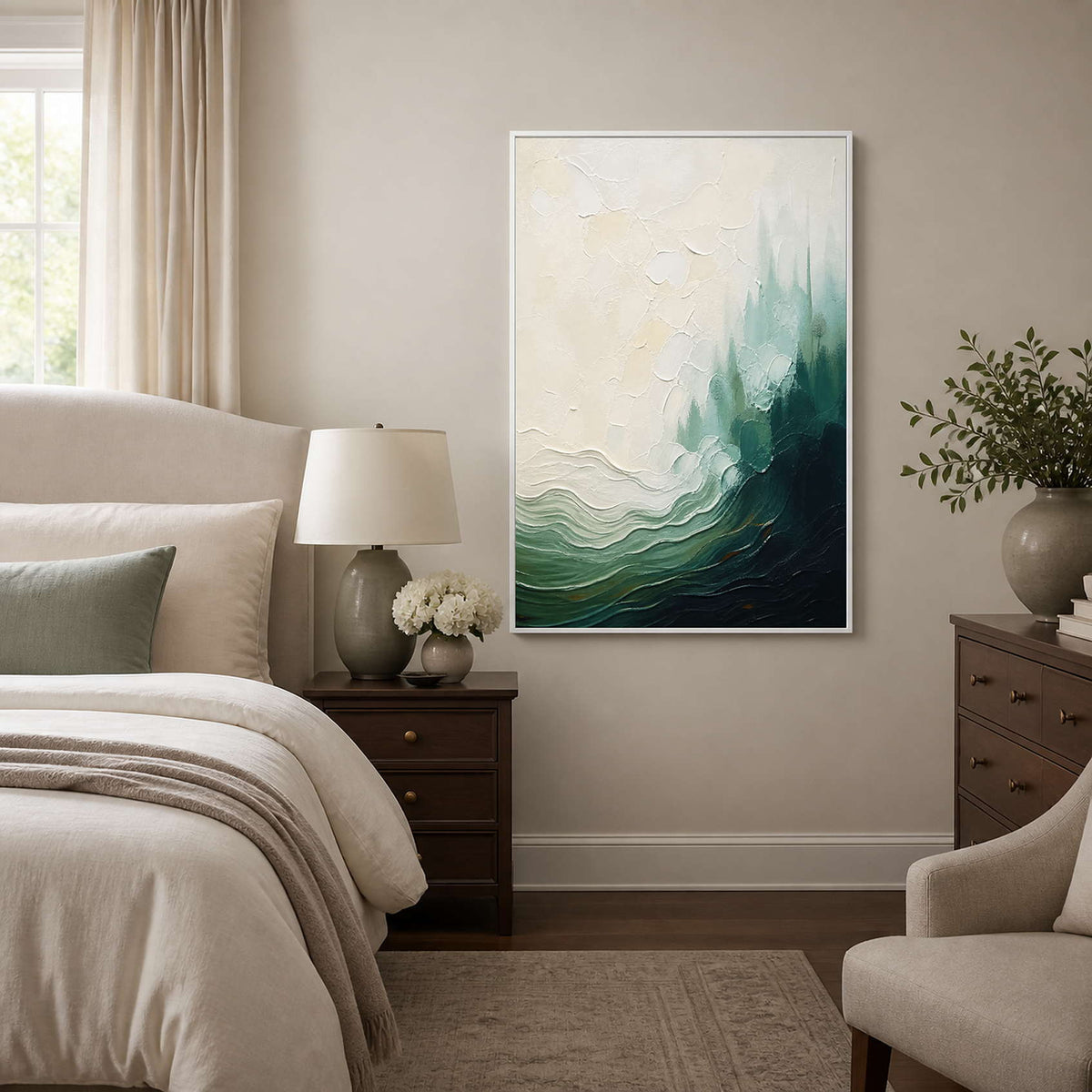 Misty textured coastal wall art beside a calm neutral bedroom.