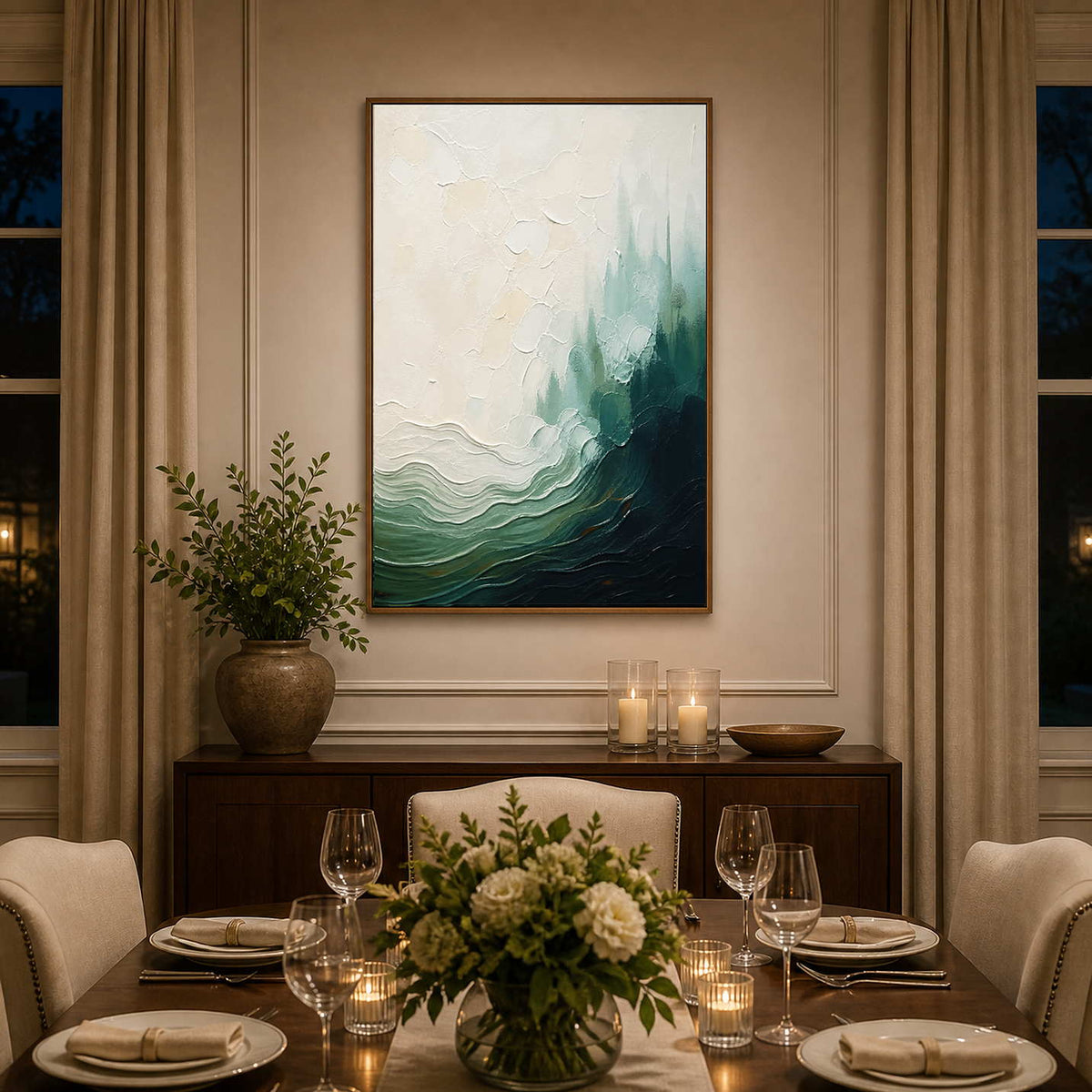 Green and ivory coastal canvas brings calm movement to an elegant dining room.