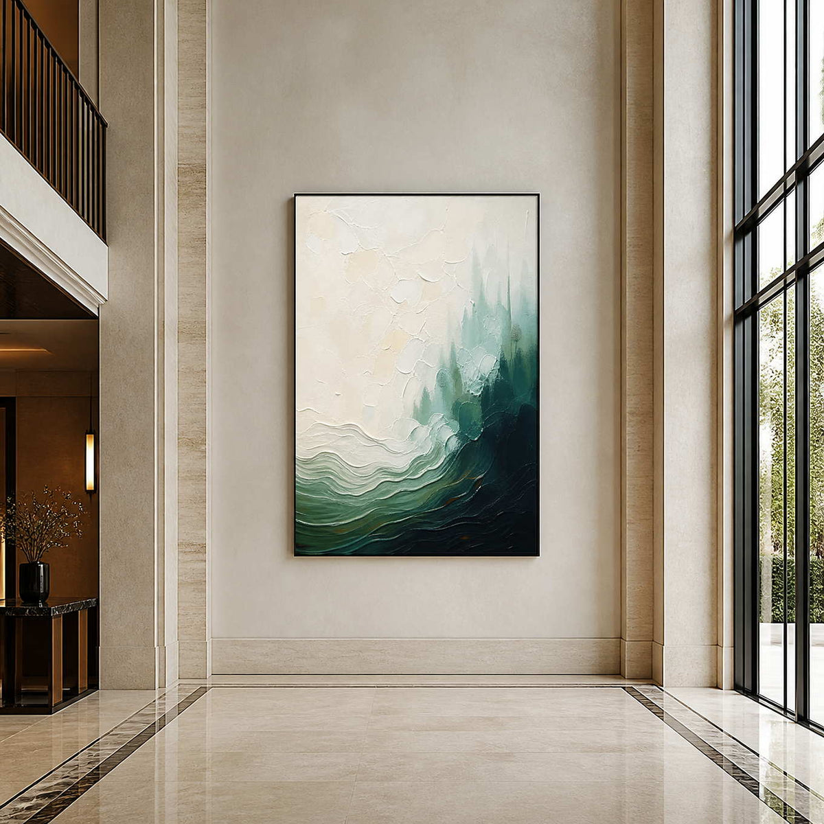 Textured green coastal painting displayed in a bright contemporary hotel lobby.