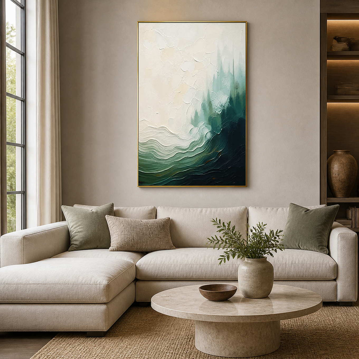 Deep green and ivory textured coastal wall art in a neutral living room.
