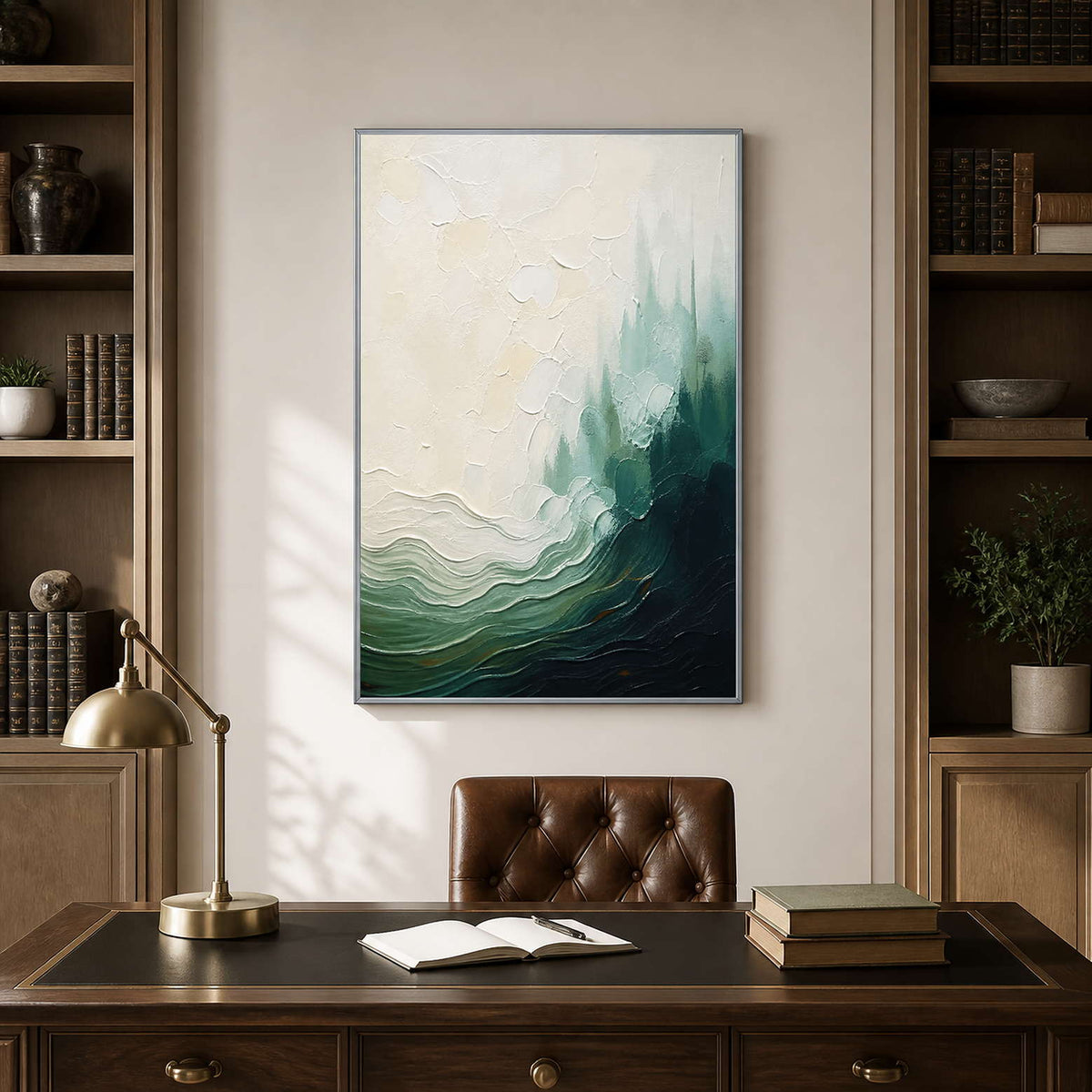 Vertical sea-green abstract painting creates a serene office focal point.