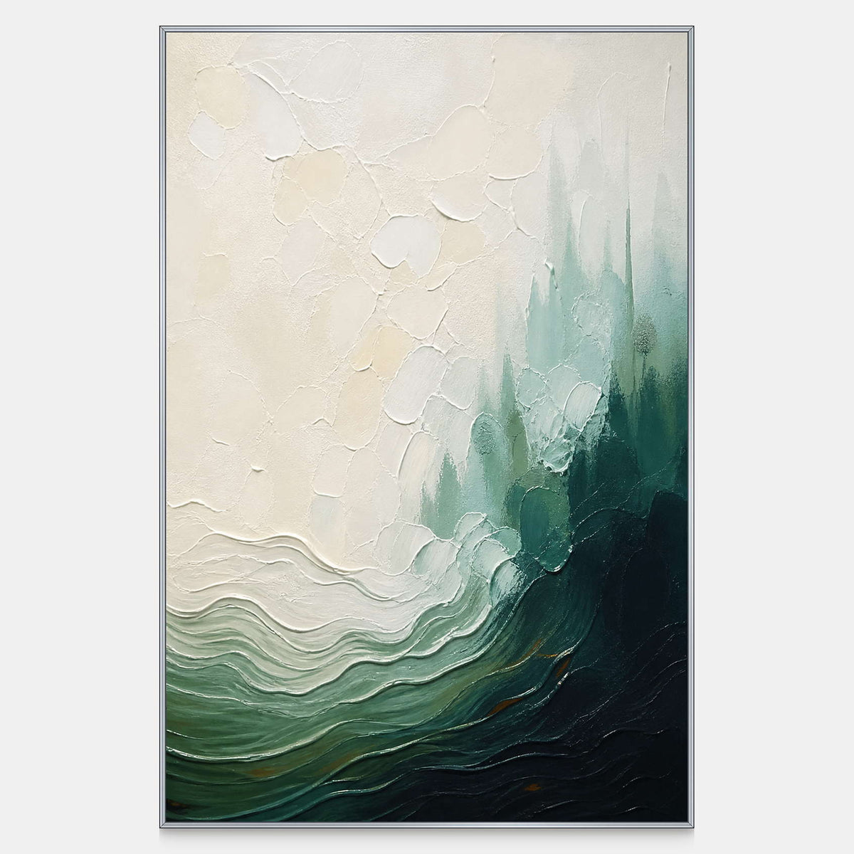 Hand-painted vertical coastal canvas with deep green waves, seafoam, and ivory mist.