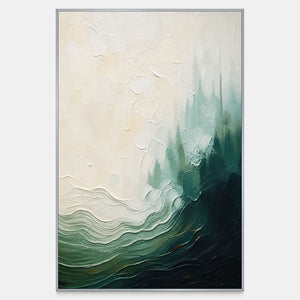 Hand-painted vertical coastal canvas with deep green waves, seafoam, and ivory mist.