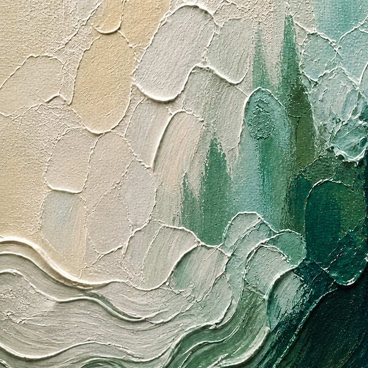 Close-up of raised ivory, seafoam, and deep green palette-knife waves.