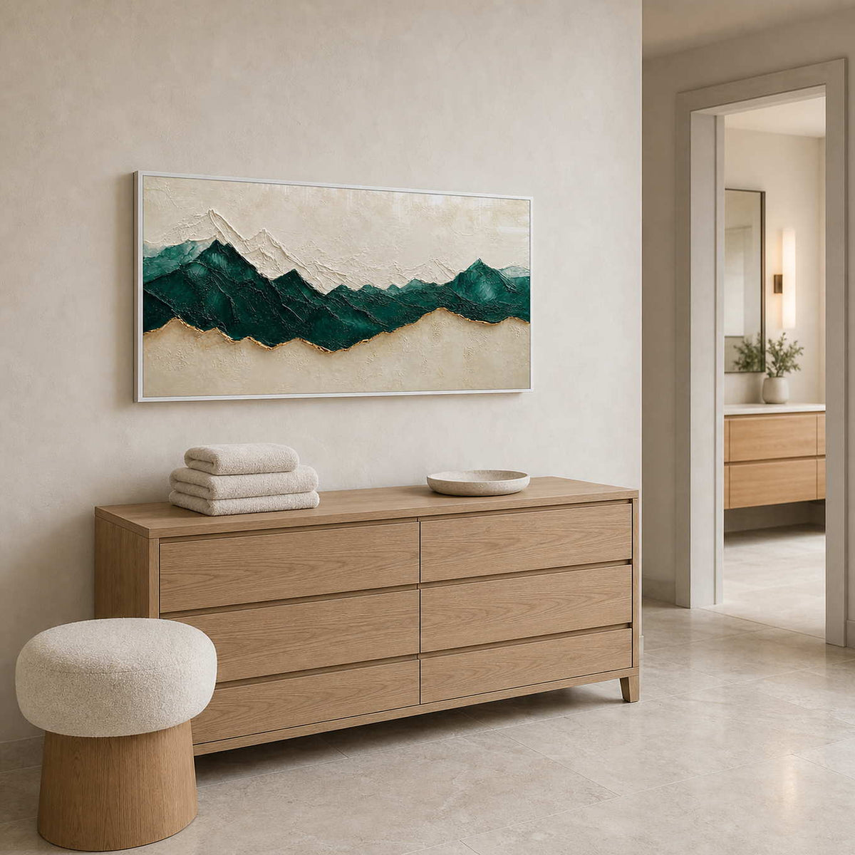 Textured mountain wall art displayed in a serene bathroom dry area.