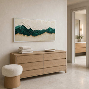 Textured mountain wall art displayed in a serene bathroom dry area.