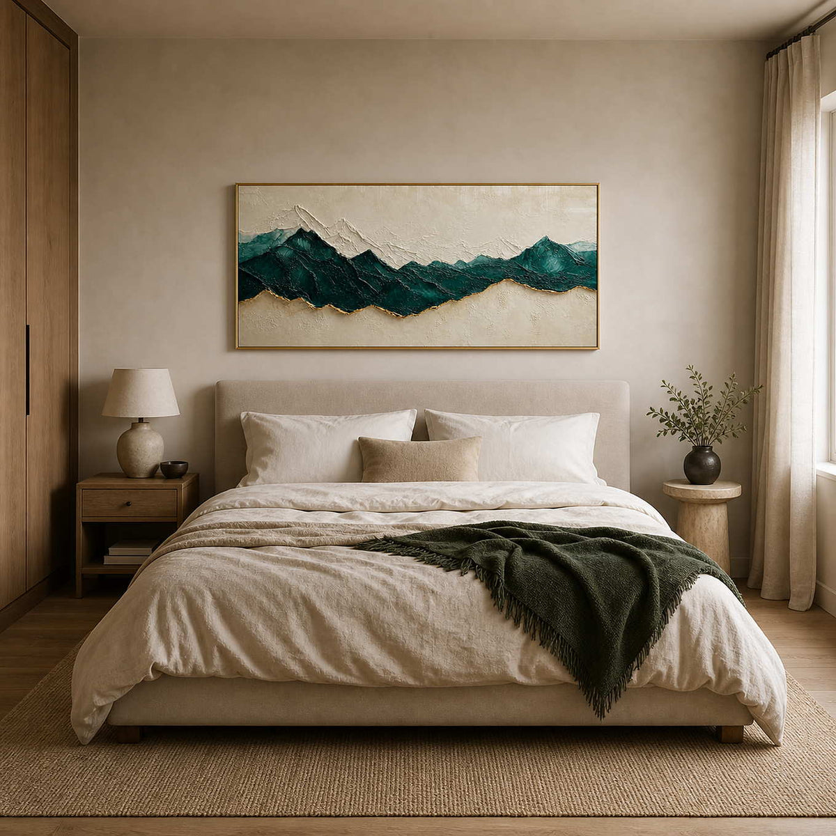Textured panoramic mountain wall art displayed above a quiet modern bed.