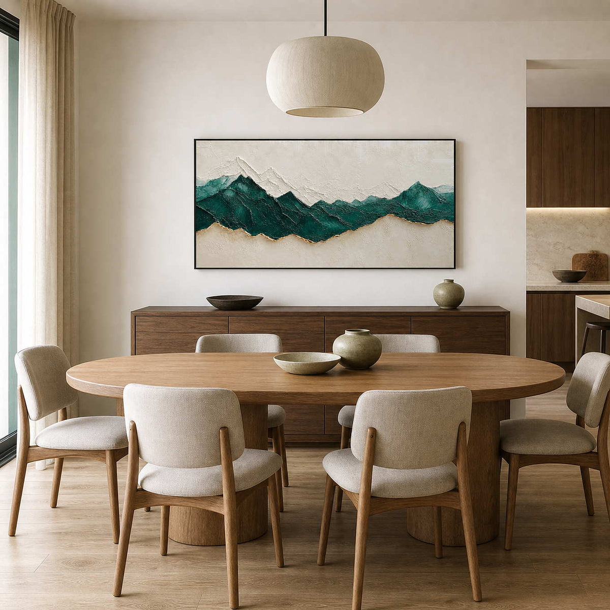 Emerald green mountain wall art displayed in a warm modern dining room.