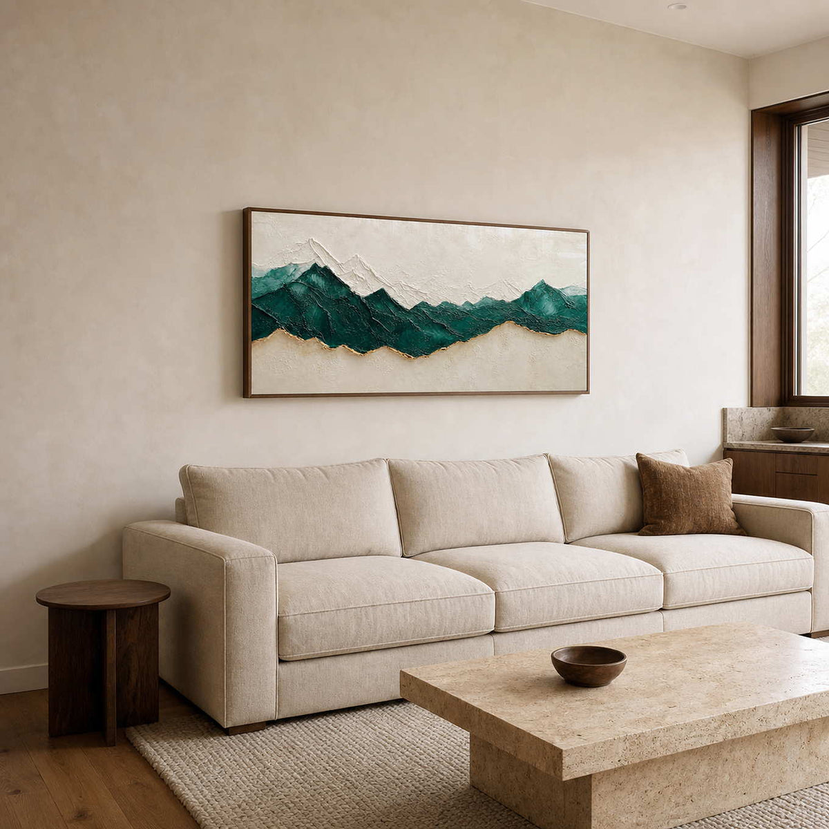 Panoramic textured mountain wall art displayed in a warm modern living room.