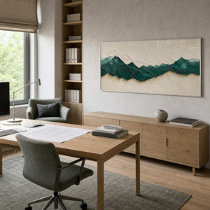 Emerald and ivory mountain wall art displayed in a natural modern home office.