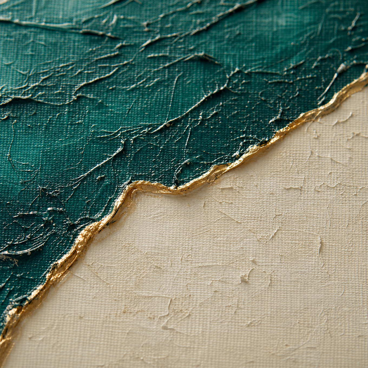 Close up of raised emerald and ivory paint divided by a metallic-gold ridge.