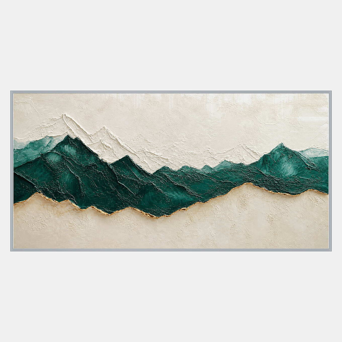 Hand-painted panoramic mountain wall art in emerald green, ivory, and gold.