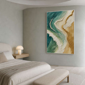 Vertical emerald coastal wall art styled in a soft gray bedroom.