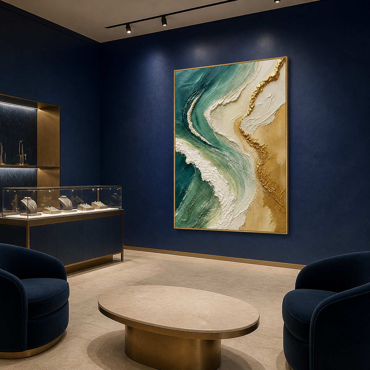 Gold-framed coastal painting in a deep cobalt boutique lounge.