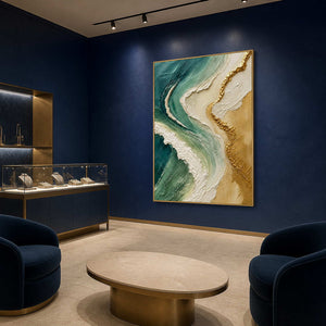Gold-framed coastal painting in a deep cobalt boutique lounge.