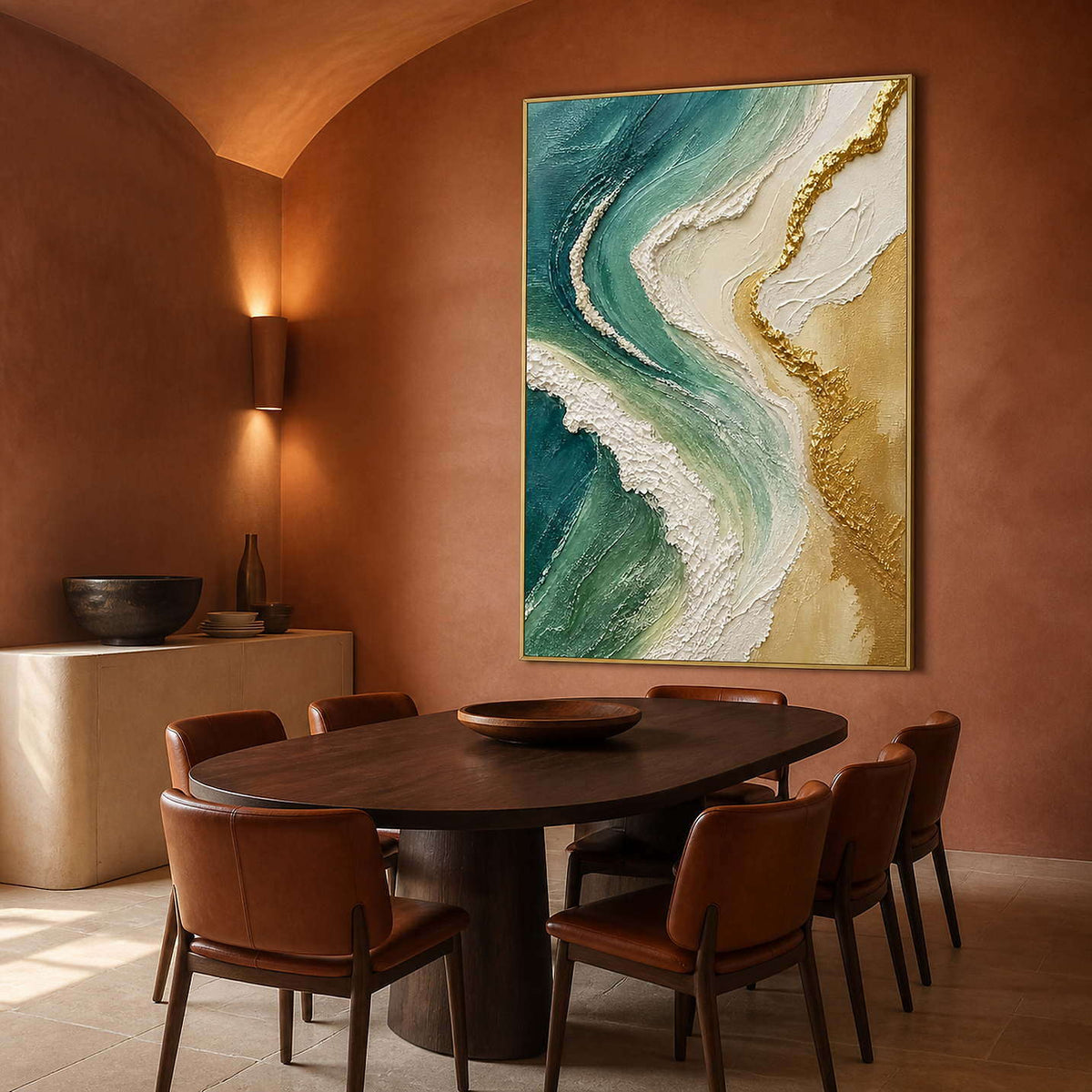 Teal and gold coastal painting displayed in a terracotta dining room.
