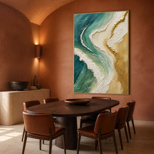 Teal and gold coastal painting displayed in a terracotta dining room.