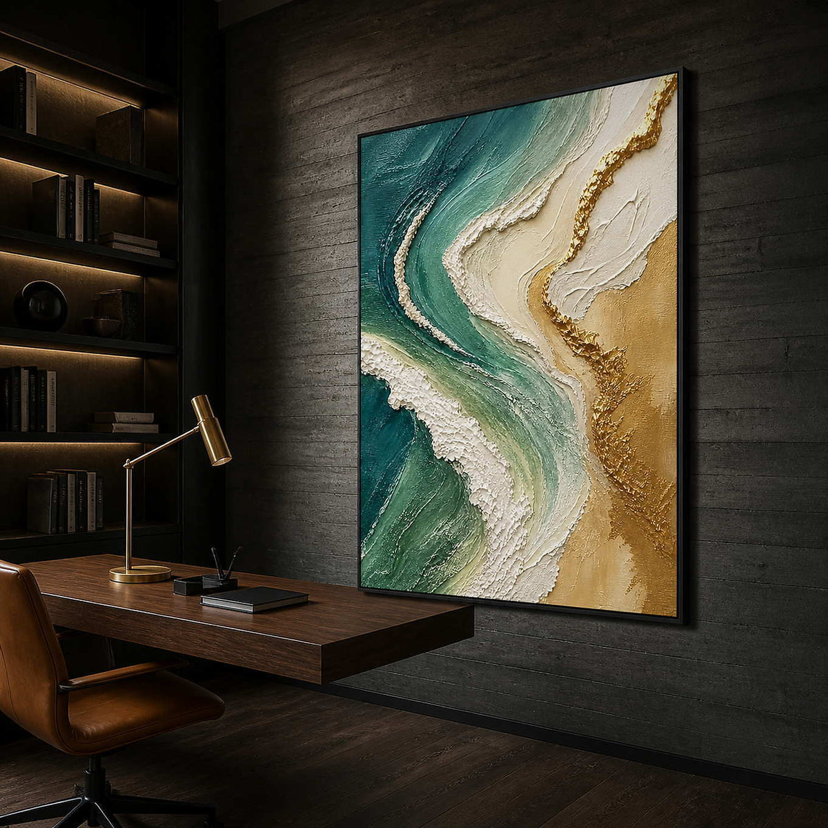 Textured teal and gold abstract canvas in a dark home office.