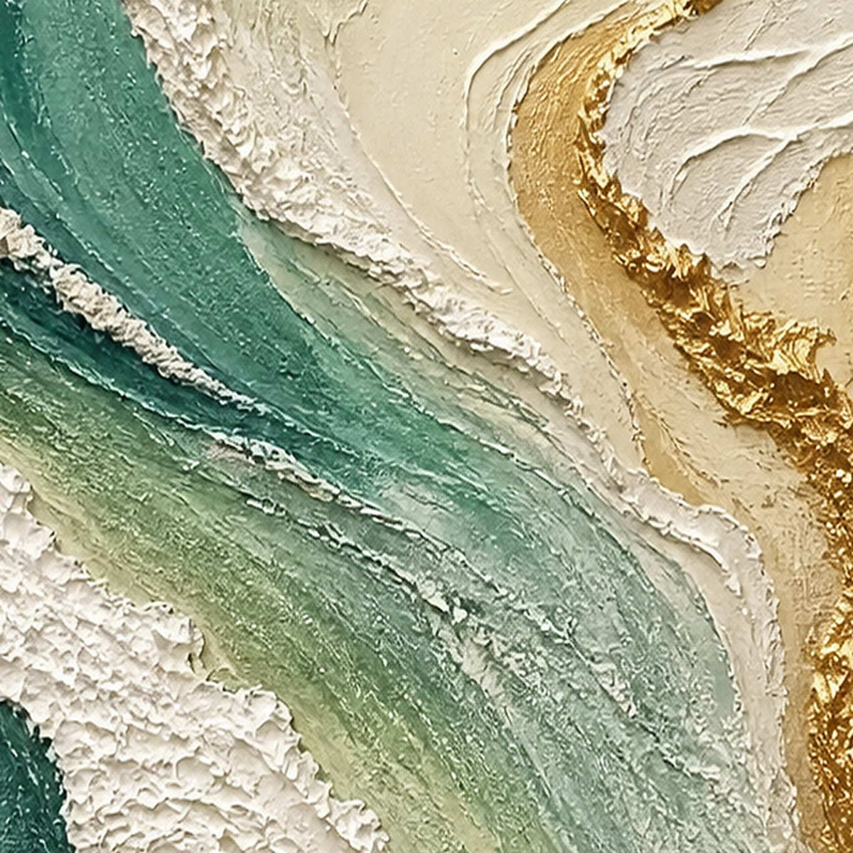 Close-up of raised emerald, ivory, and metallic gold shoreline texture.