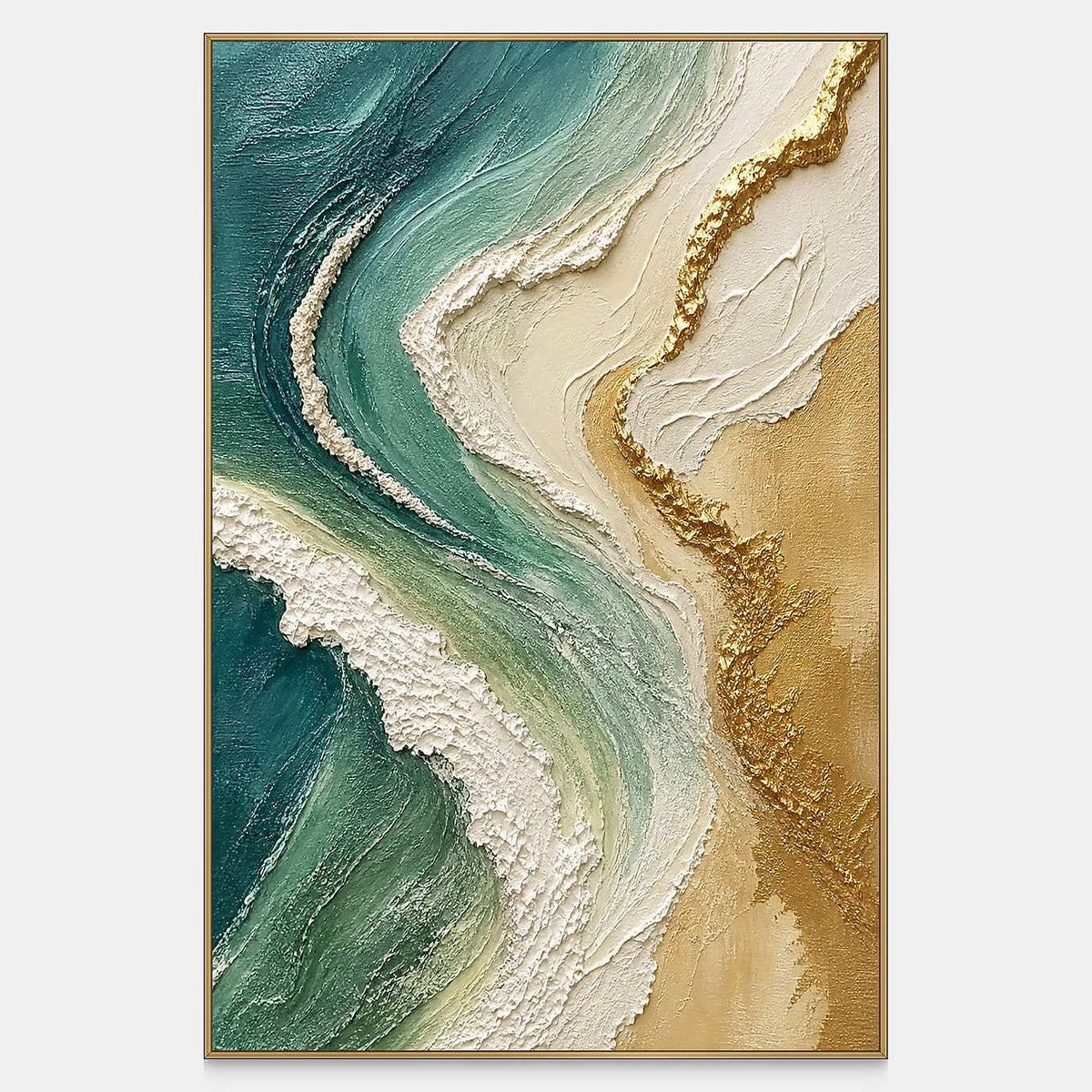 Hand-painted coastal canvas with emerald currents, ivory surf, and gold.