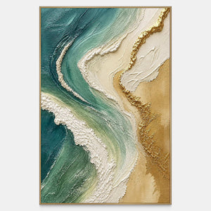 Hand-painted coastal canvas with emerald currents, ivory surf, and gold.