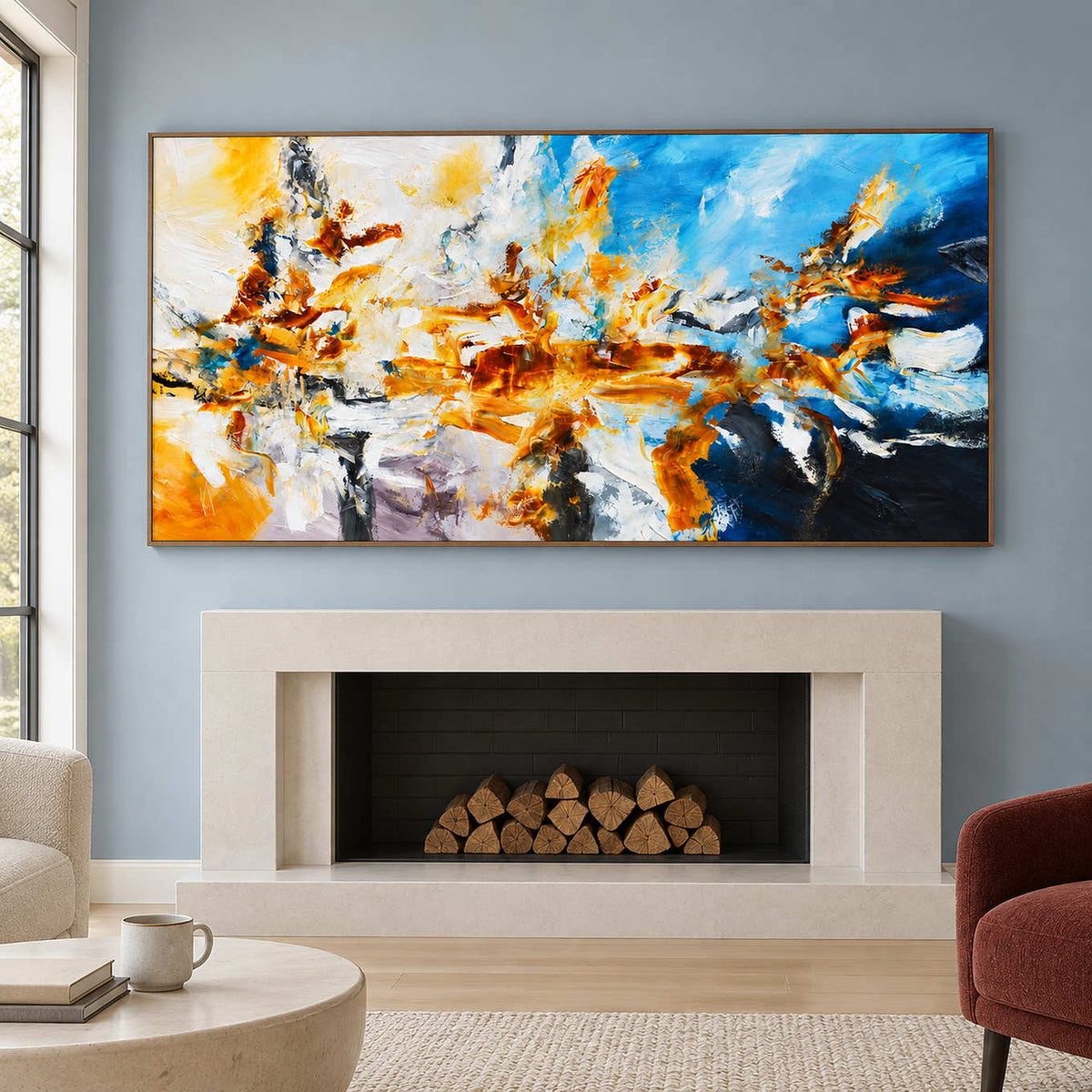 Expressive abstract over a pale fireplace with stacked logs.