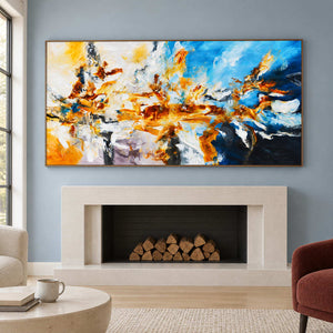 Expressive abstract over a pale fireplace with stacked logs.