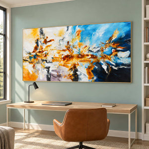 Orange-and-blue painting above a desk on a green wall.