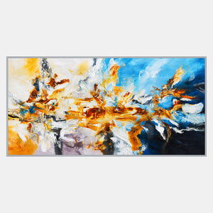 Wide abstract of orange and yellow gestural marks crossing white, bright blue, and deep navy areas.