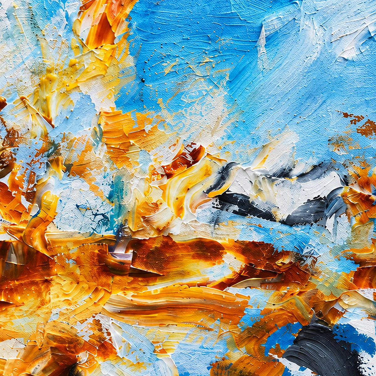 Detail of orange ridges and broken white marks across bright blue.