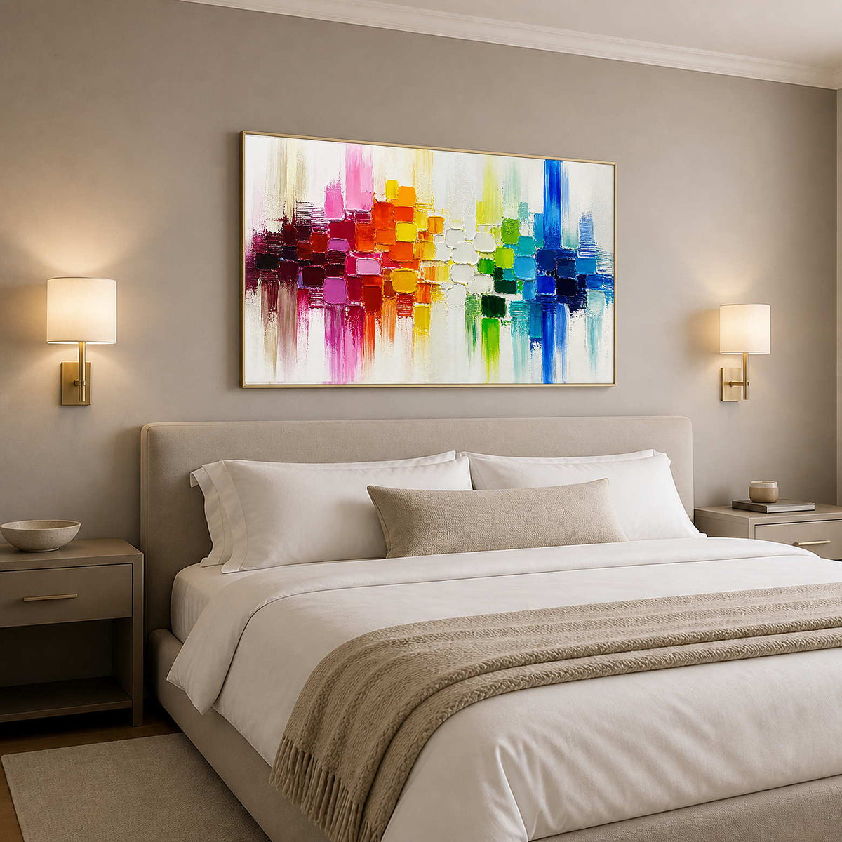 Colorful textured wall art adding lively contrast above a neutral bed.