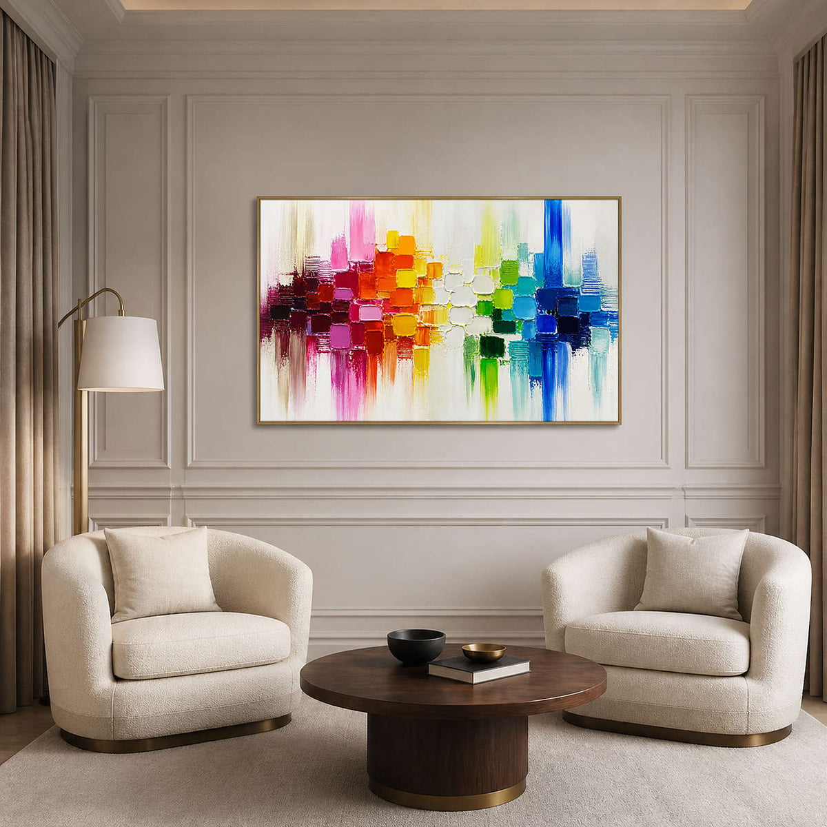 Vibrant textured wall art displayed in a refined formal sitting room.