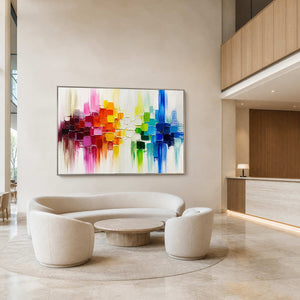Bright horizontal abstract wall art displayed in a spacious hotel lobby.