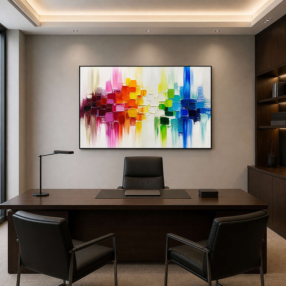 Multicolor textured abstract wall art displayed in a modern executive office.