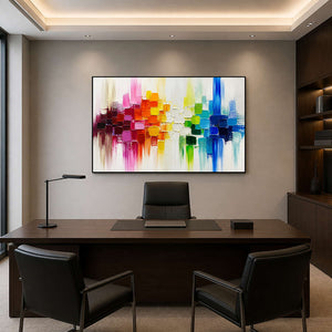 Multicolor textured abstract wall art displayed in a modern executive office.